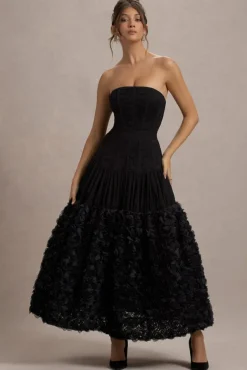 Dame | Black Lace Bandeau Midi Dress With Floral Hem