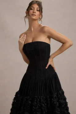 Dame | Black Lace Bandeau Midi Dress With Floral Hem