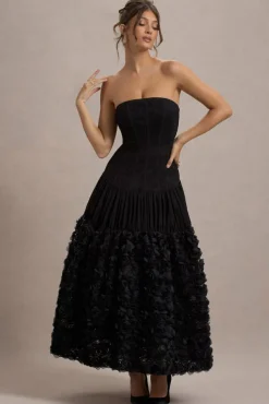 Dame | Black Lace Bandeau Midi Dress With Floral Hem