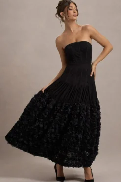 Dame | Black Lace Bandeau Midi Dress With Floral Hem