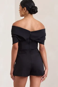 Damsel | Black Cotton-Blend Corset Bardot Playsuit