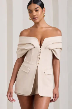 Damsel | Stone Cotton-Blend Corset Bardot Playsuit