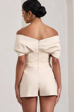 Damsel | Stone Cotton-Blend Corset Bardot Playsuit
