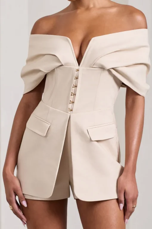Damsel | Stone Cotton-Blend Corset Bardot Playsuit
