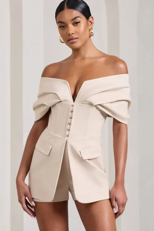 Damsel | Stone Cotton-Blend Corset Bardot Playsuit