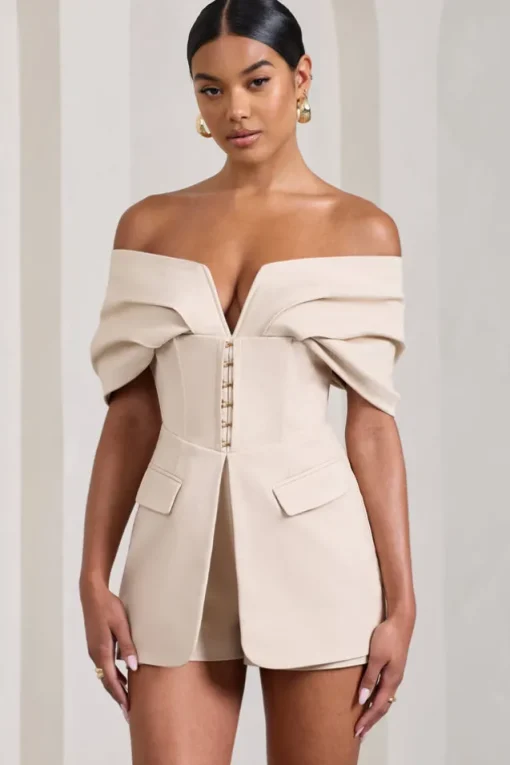 Damsel | Stone Cotton-Blend Corset Bardot Playsuit