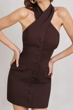 Dani | Chocolate Halter Neck Tailored Buttoned Bodycon Mini Dress