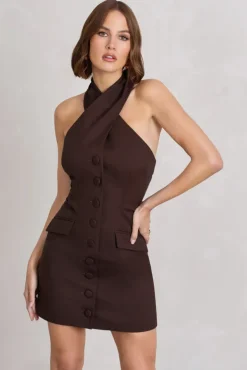 Dani | Chocolate Halter Neck Tailored Buttoned Bodycon Mini Dress