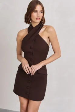 Dani | Chocolate Halter Neck Tailored Buttoned Bodycon Mini Dress