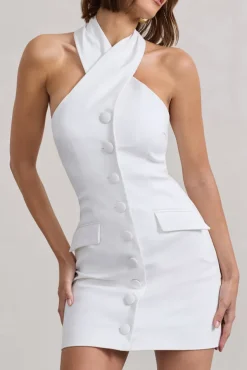 Dani | White Halter Neck Tailored Buttoned Bodycon Mini Dress
