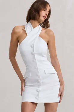 Dani | White Halter Neck Tailored Buttoned Bodycon Mini Dress