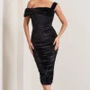 Daniela | Black Velvet One Shoulder Ruched Midi Dress