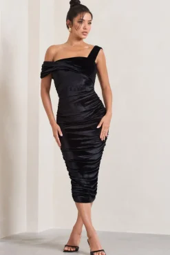 Daniela | Black Velvet One Shoulder Ruched Midi Dress