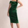 Daniela | Bottle Green Velvet One Shoulder Ruched Midi Dress