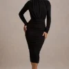 Dasha |  Black Ruched High-Neck Long-Sleeve Midi Dress