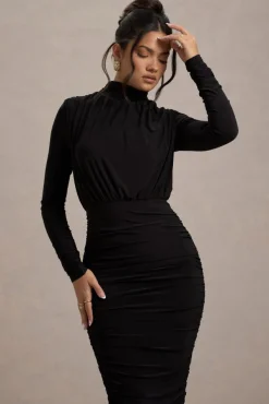 Dasha |  Black Ruched High-Neck Long-Sleeve Midi Dress