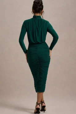 Dasha | Bottle Green Ruched High-Neck Long-Sleeve Midi Dress