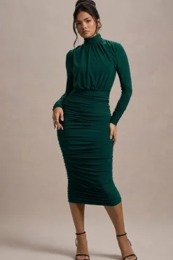 Dasha | Bottle Green Ruched High-Neck Long-Sleeve Midi Dress