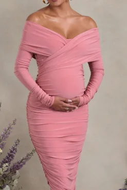 Davina | Blush Pink Ruched Twist Bardot Long-Sleeve Maternity Midi Dress