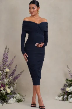 Davina | Navy Ruched Twist Bardot Long-Sleeve Maternity Midi Dress