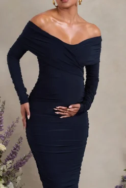 Davina | Navy Ruched Twist Bardot Long-Sleeve Maternity Midi Dress