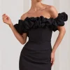 Dawn | Black Ruffled Bardot Mini Dress