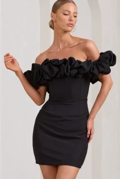 Dawn | Black Ruffled Bardot Mini Dress