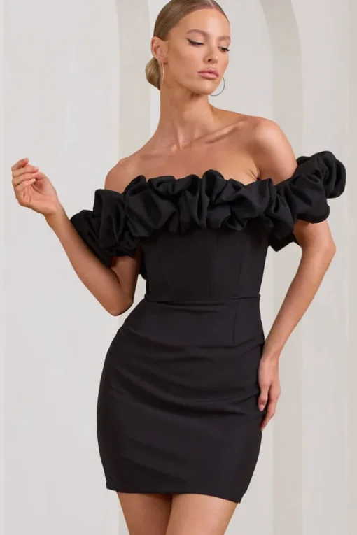 Dawn | Black Ruffled Bardot Mini Dress