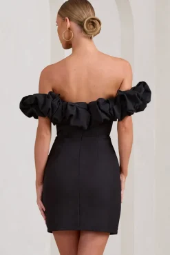 Dawn | Black Ruffled Bardot Mini Dress