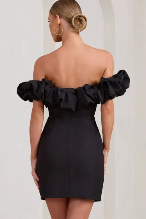 Dawn | Black Ruffled Bardot Mini Dress