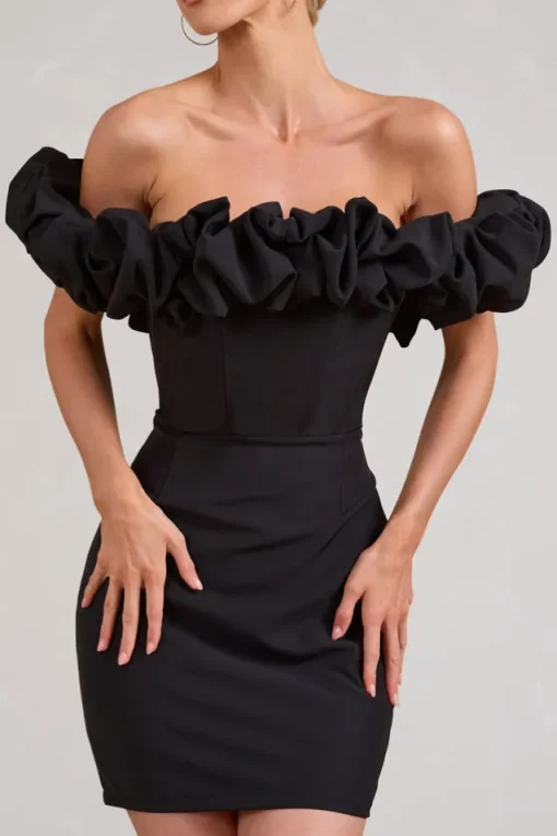 Dawn | Black Ruffled Bardot Mini Dress