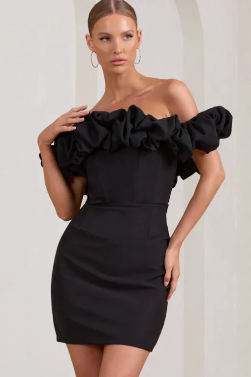 Dawn | Black Ruffled Bardot Mini Dress