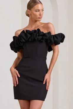 Dawn | Black Ruffled Bardot Mini Dress
