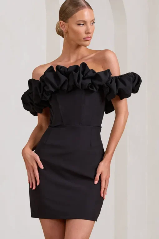 Dawn | Black Ruffled Bardot Mini Dress