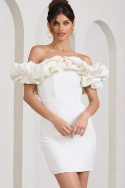 Dawn | White Ruffled Bardot Mini Dress