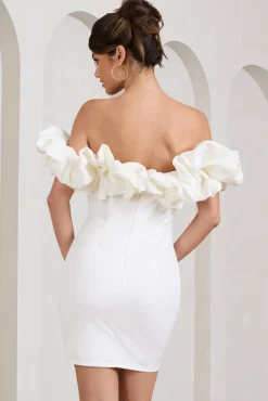 Dawn | White Ruffled Bardot Mini Dress
