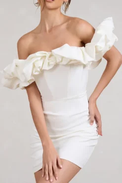 Dawn | White Ruffled Bardot Mini Dress