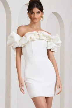 Dawn | White Ruffled Bardot Mini Dress