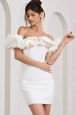 Dawn | White Ruffled Bardot Mini Dress