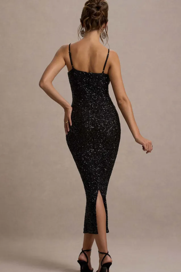 Dazzle Me | Black Sequin Strappy Bodycon Maxi Dress
