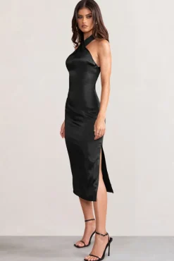Dazzling | Black Satin Cross Over Halter Neck Midi Dress