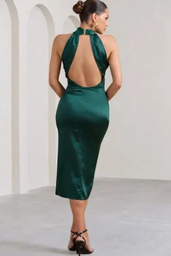 Dazzling | Bottle Green Satin Cross Over Halter Neck Midi Dress