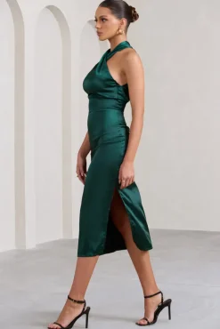 Dazzling | Bottle Green Satin Cross Over Halter Neck Midi Dress