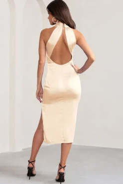 Dazzling | Champagne Satin Cross Over Halter Neck Midi Dress