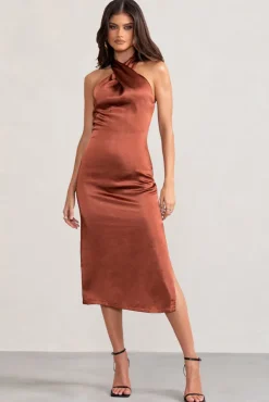 Dazzling | Rust Satin Cross Over Halter Neck Midi Dress
