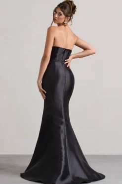 Define | Black Satin Asymmetric Fishtail Maxi Dress