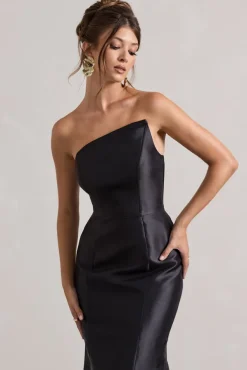 Define | Black Satin Asymmetric Fishtail Maxi Dress