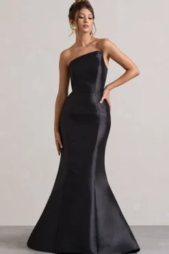 Define | Black Satin Asymmetric Fishtail Maxi Dress