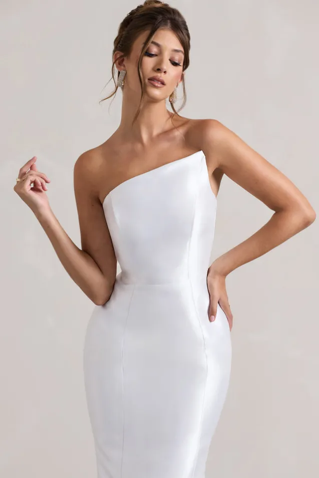 Define | White Satin Asymmetric Fishtail Maxi Dress
