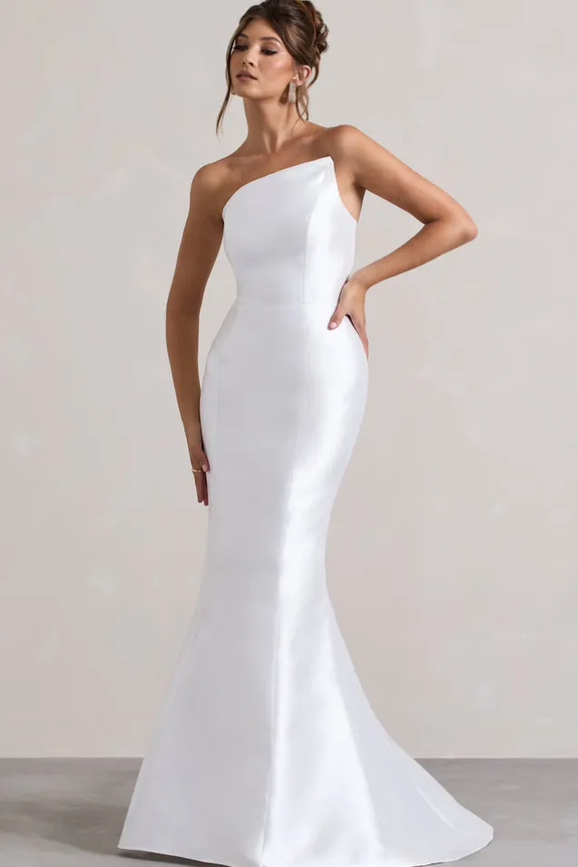 Define | White Satin Asymmetric Fishtail Maxi Dress
